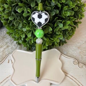 Green Heart Soccer Beaded Pen